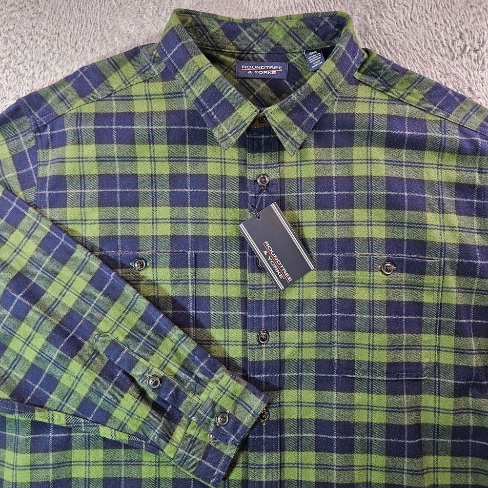 NWT Roundtree & Yorke Flannel Shirt Men 3XB Thick Cotton Green Navy Blue Outdoor